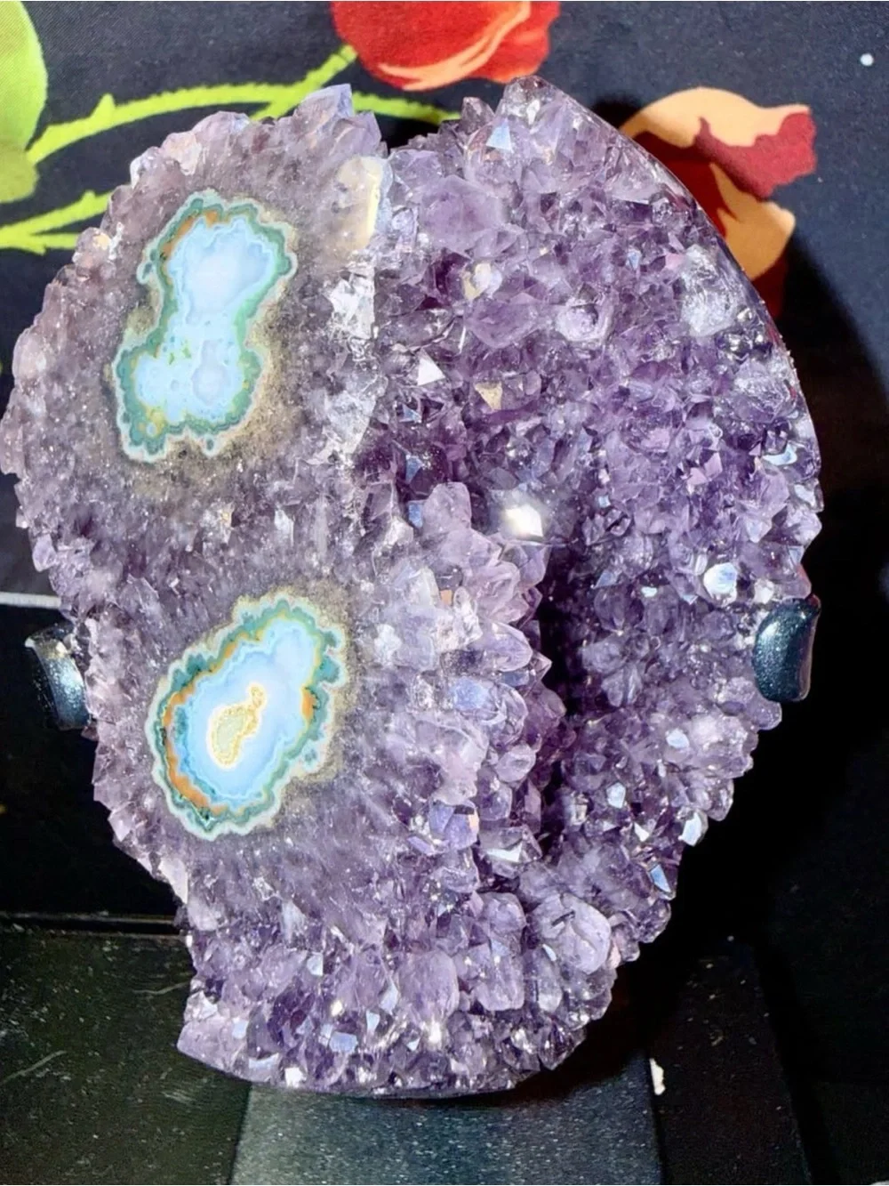 Large Sparkly Uruguayan Amethyst Stalactite Druzy Geode Freeform on Metal Stand